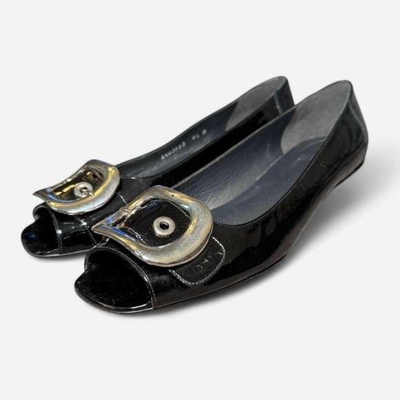 Stuart Weitzman Black Patent Leather Silver Buckle Peep-Toe Flats - Picture 1 of 9